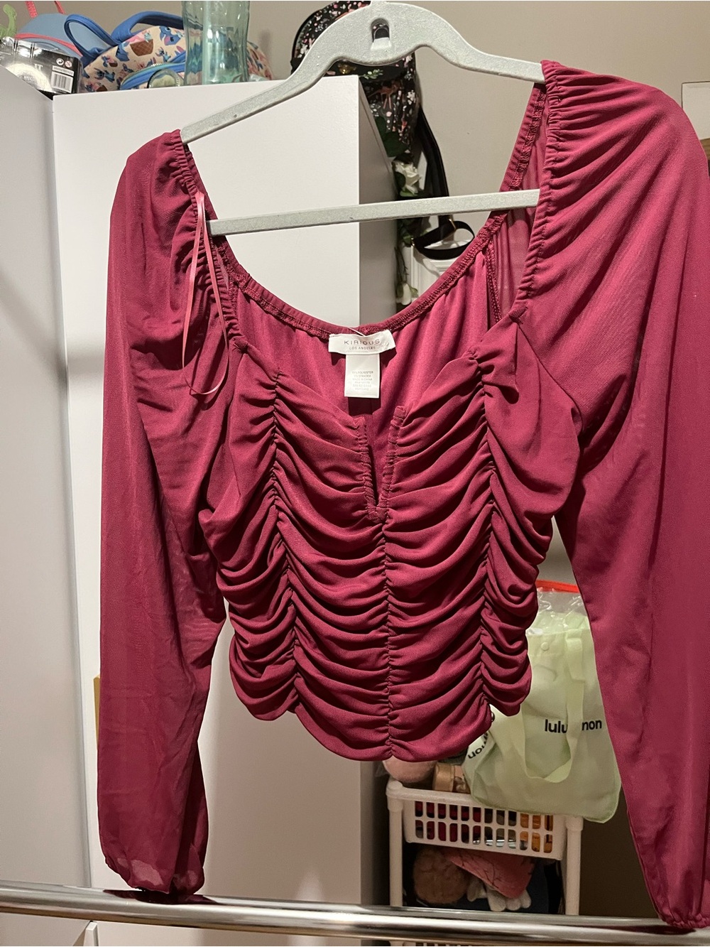 Ruched Long-Sleeve Scoop Neck Top — Burgundy